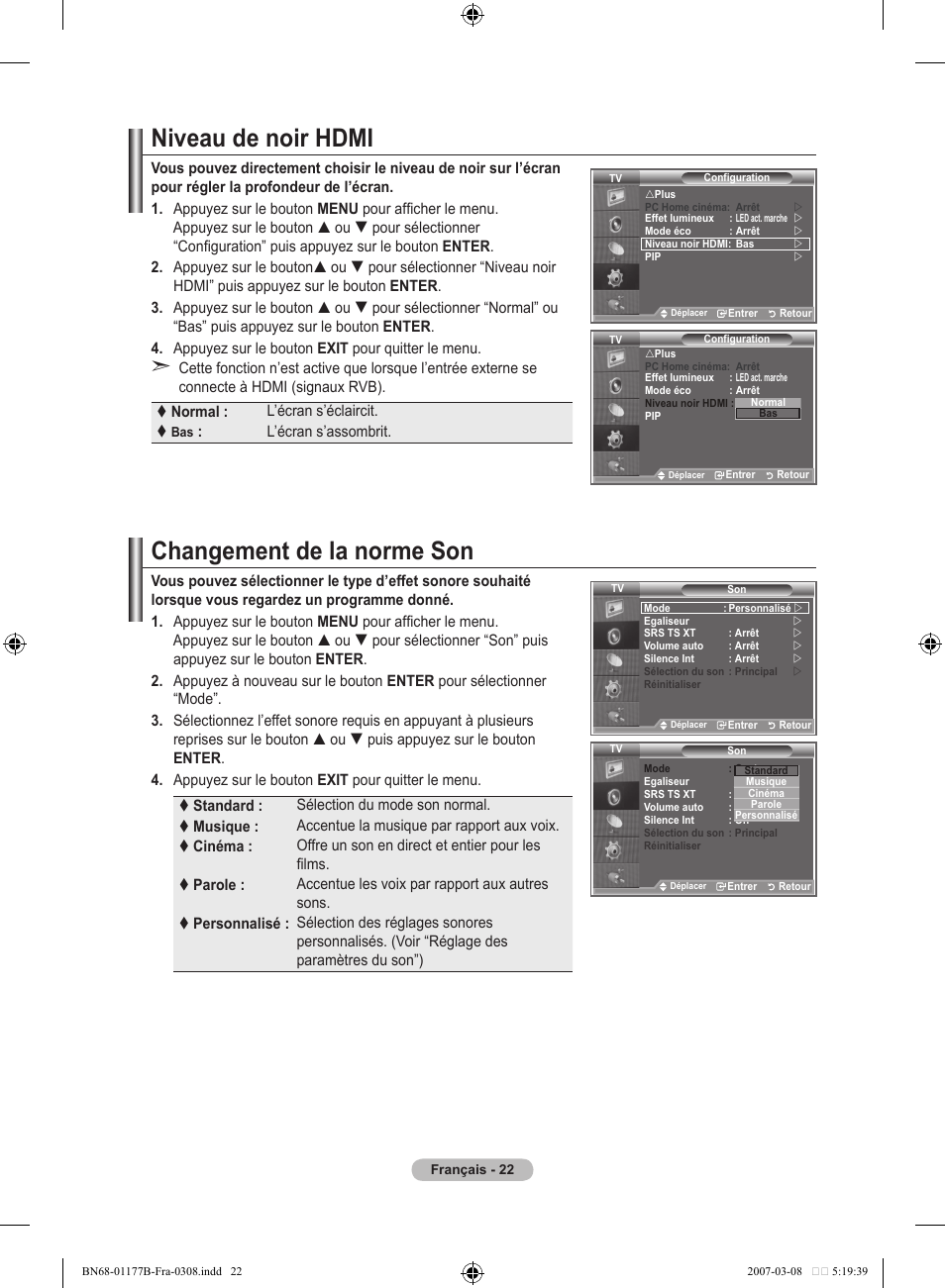 Niveau de noir hdmi, Changement de la norme son | Samsung LE32R81B User Manual | Page 64 / 482