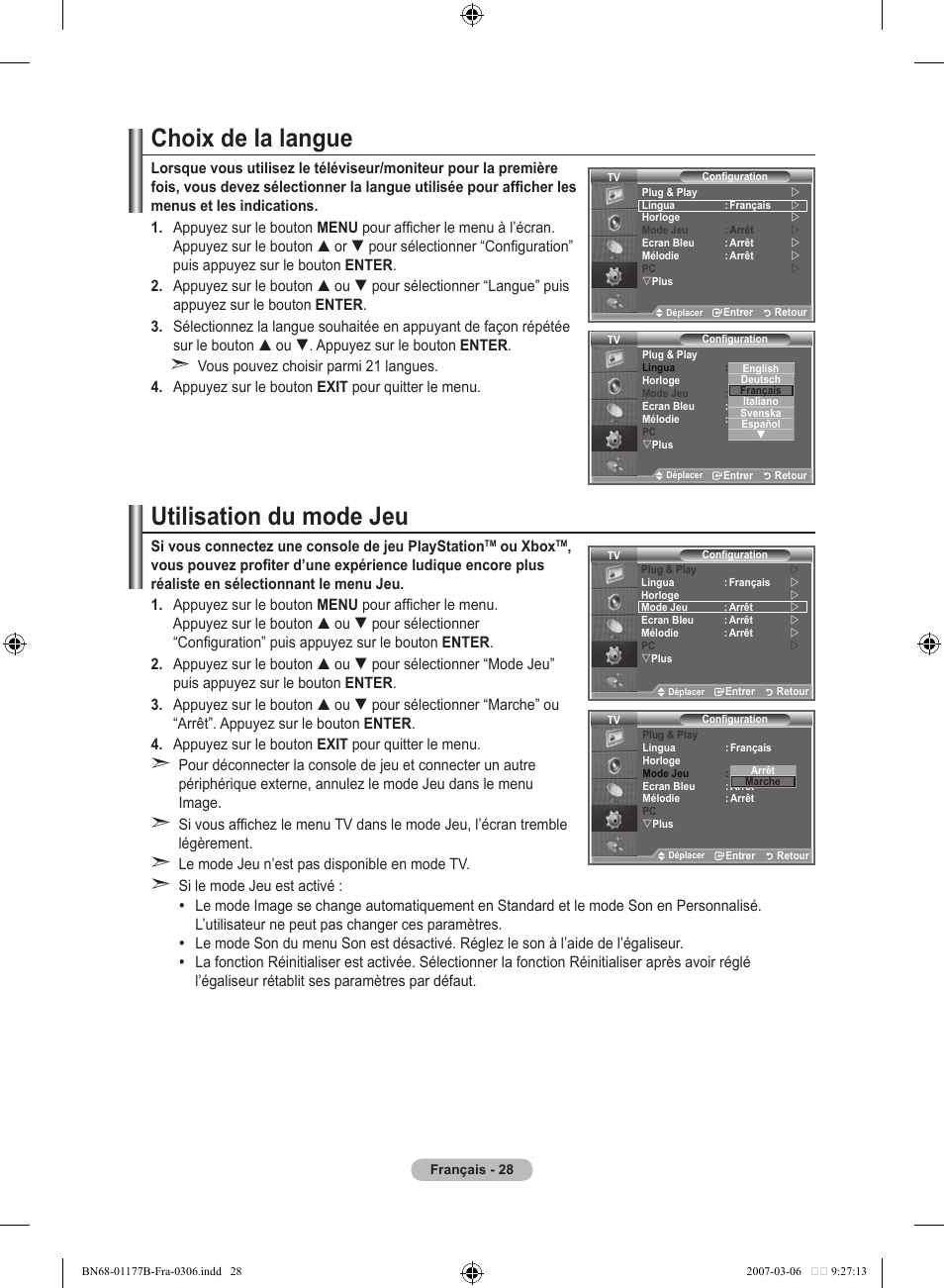 Choix de la langue, Utilisation du mode jeu | Samsung LE32R81B User Manual | Page 70 / 482