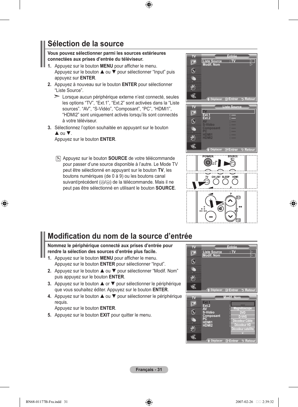 Sélection de la source, Modification du nom de la source d’entrée | Samsung LE32R81B User Manual | Page 73 / 482