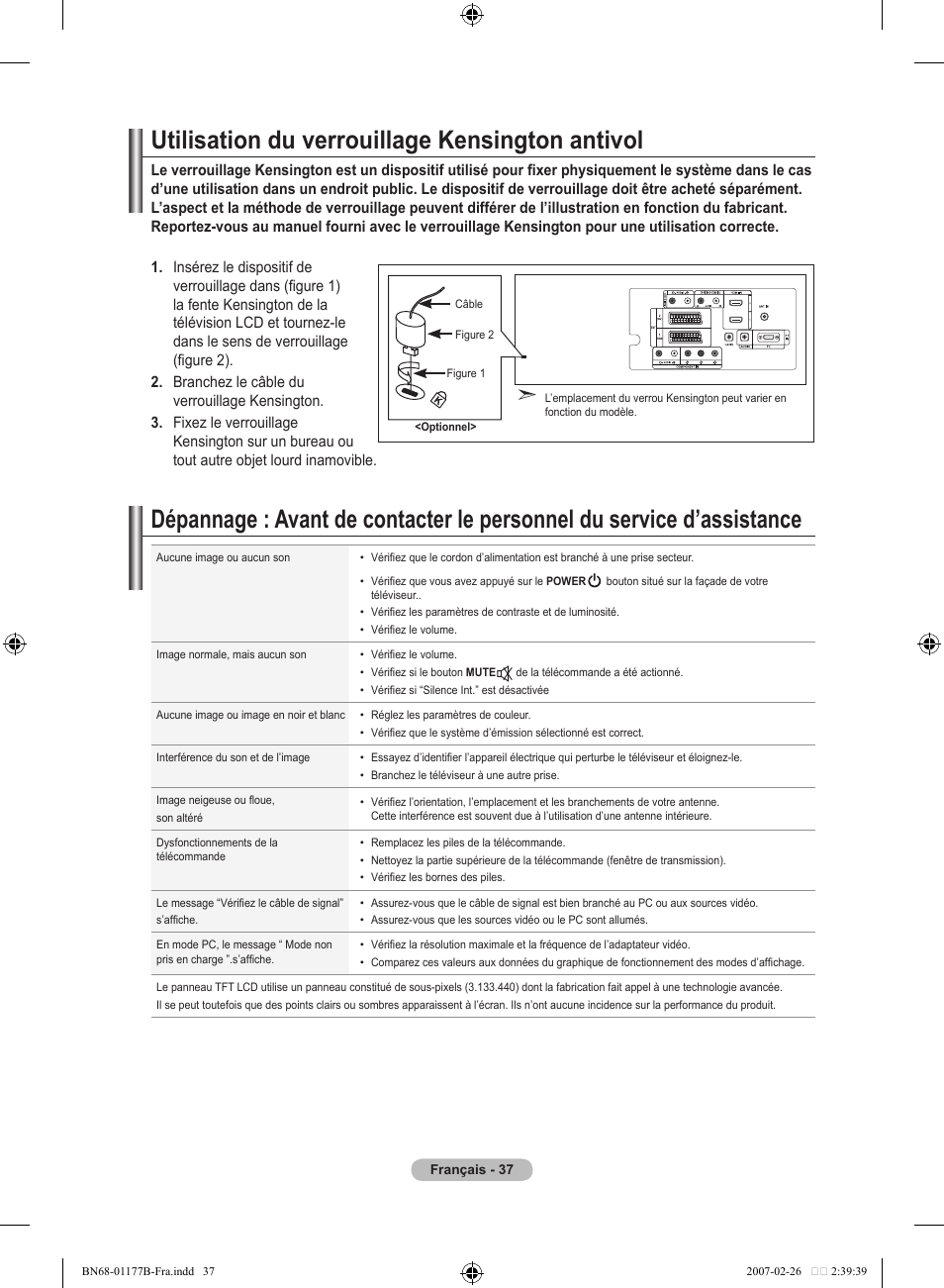 Utilisation du verrouillage kensington antivol | Samsung LE32R81B User Manual | Page 79 / 482