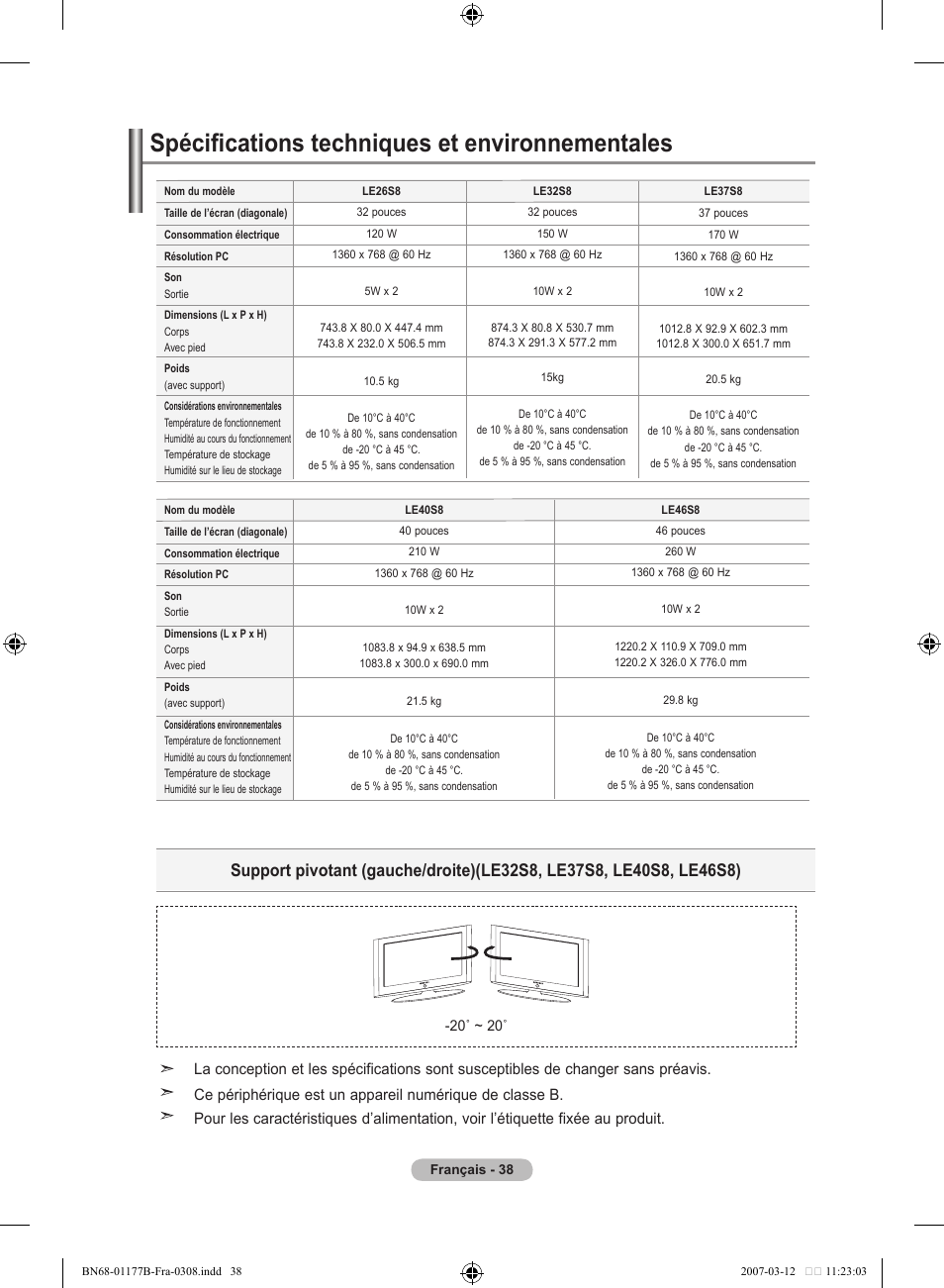 Spécifications techniques et environnementales | Samsung LE32R81B User Manual | Page 80 / 482