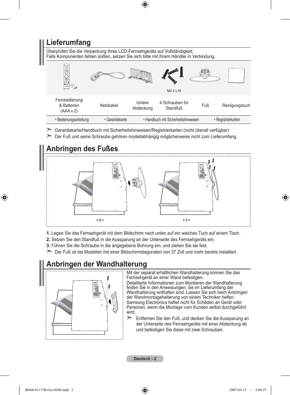 Lieferumfang, Anbringen des fußes, Anbringen der wandhalterung | Samsung LE32R81B User Manual | Page 84 / 482