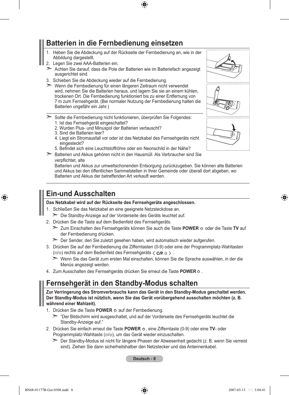 Batterien in die fernbedienung einsetzen, Ein-und ausschalten, Fernsehgerät in den standby-modus schalten | Samsung LE32R81B User Manual | Page 90 / 482