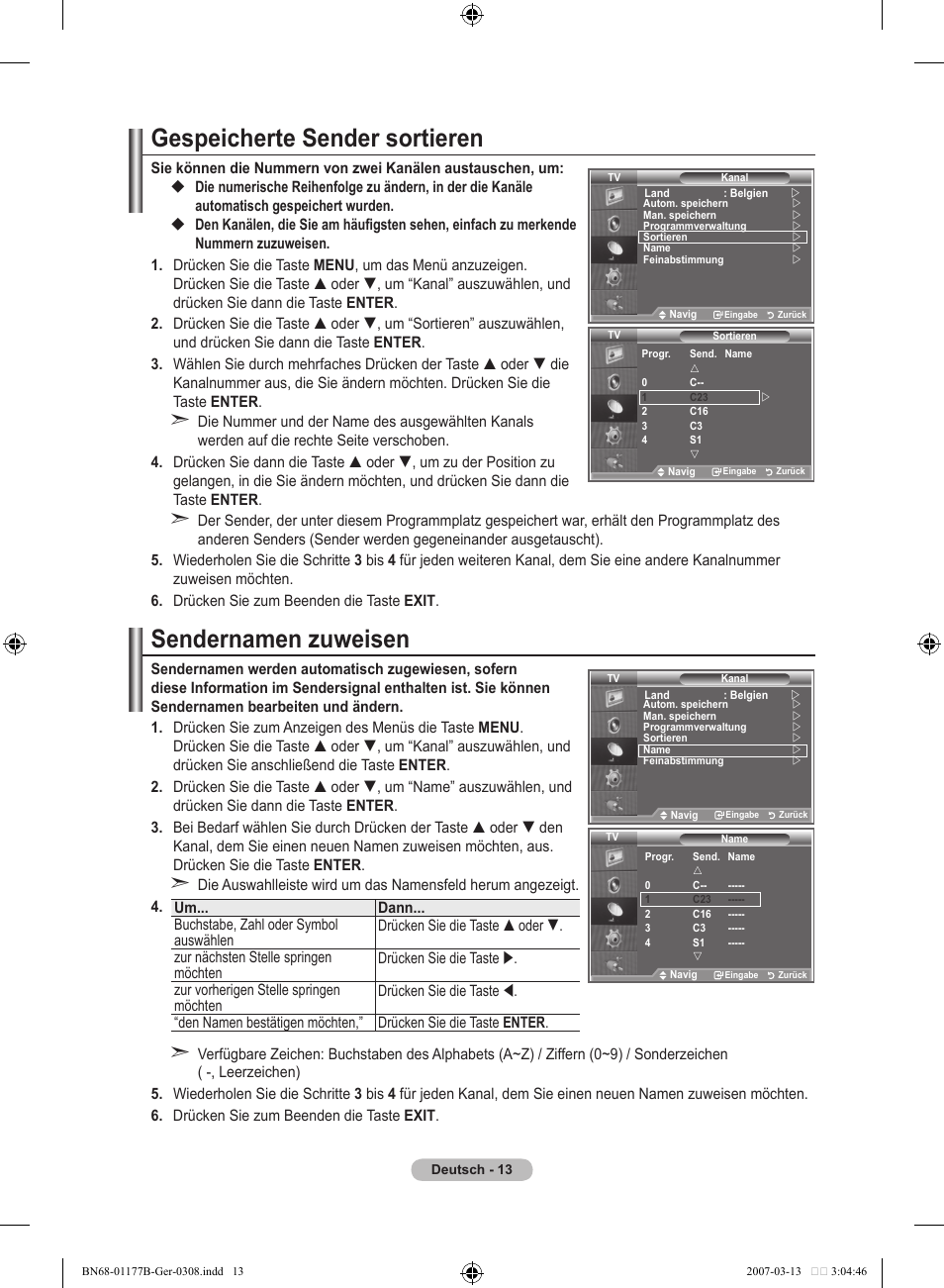 Gespeicherte sender sortieren, Sendernamen zuweisen | Samsung LE32R81B User Manual | Page 95 / 482