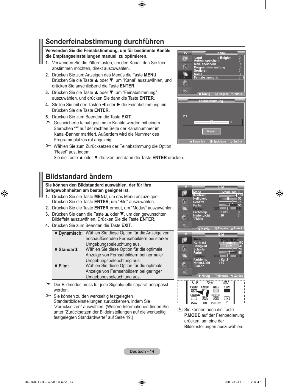 Senderfeinabstimmung durchführen, Bildstandard ändern | Samsung LE32R81B User Manual | Page 96 / 482