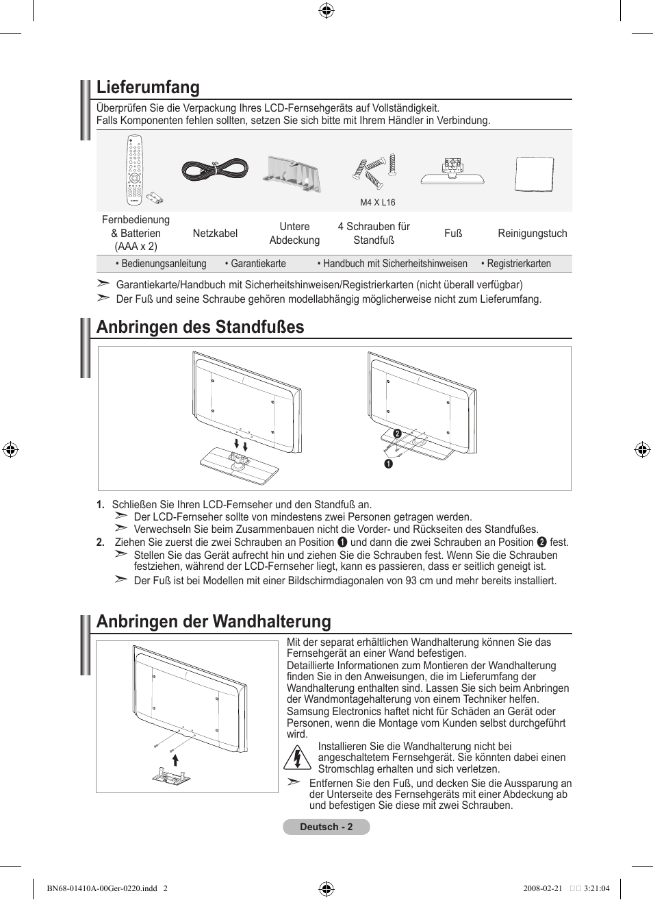 Lieferumfang, Anbringen des standfußes, Anbringen der wandhalterung | Samsung LE46A551P2R User Manual | Page 108 / 629