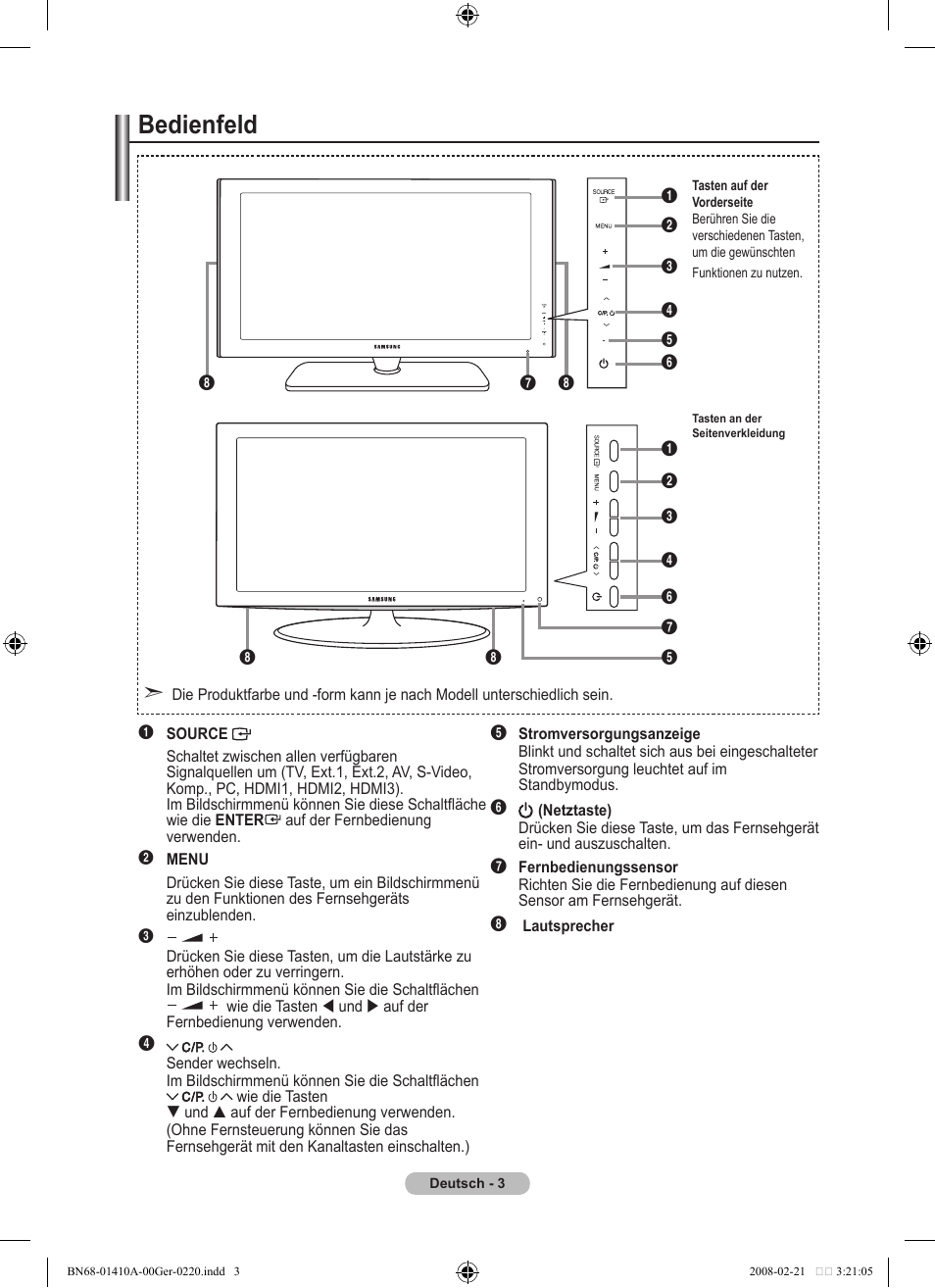 Bedienfeld | Samsung LE46A551P2R User Manual | Page 109 / 629