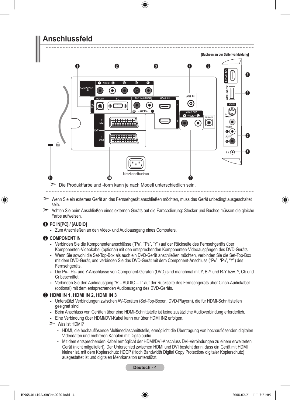 Anschlussfeld | Samsung LE46A551P2R User Manual | Page 110 / 629