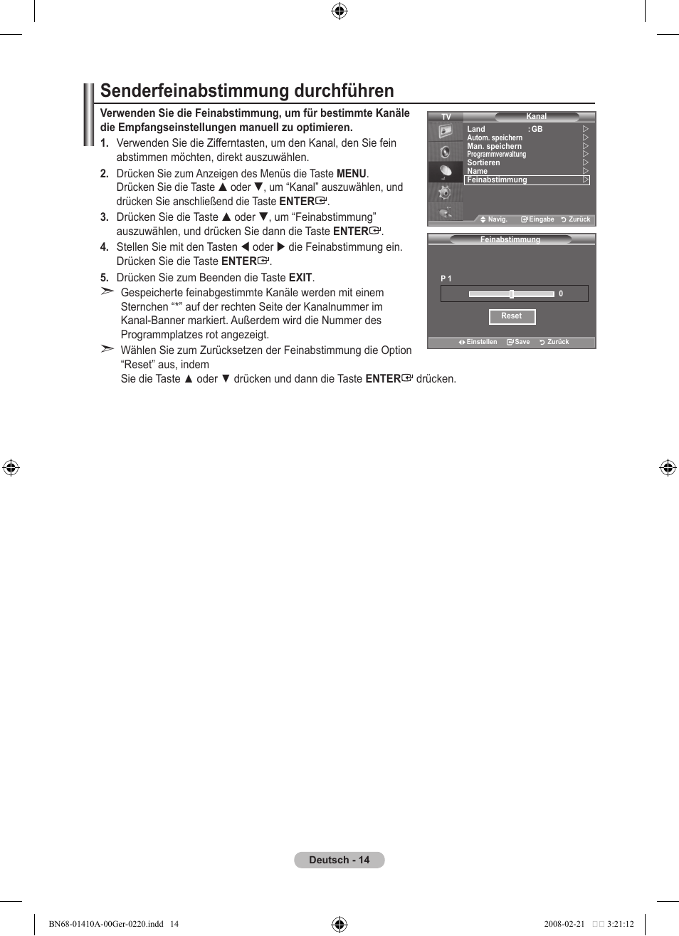 Senderfeinabstimmung durchführen | Samsung LE46A551P2R User Manual | Page 120 / 629