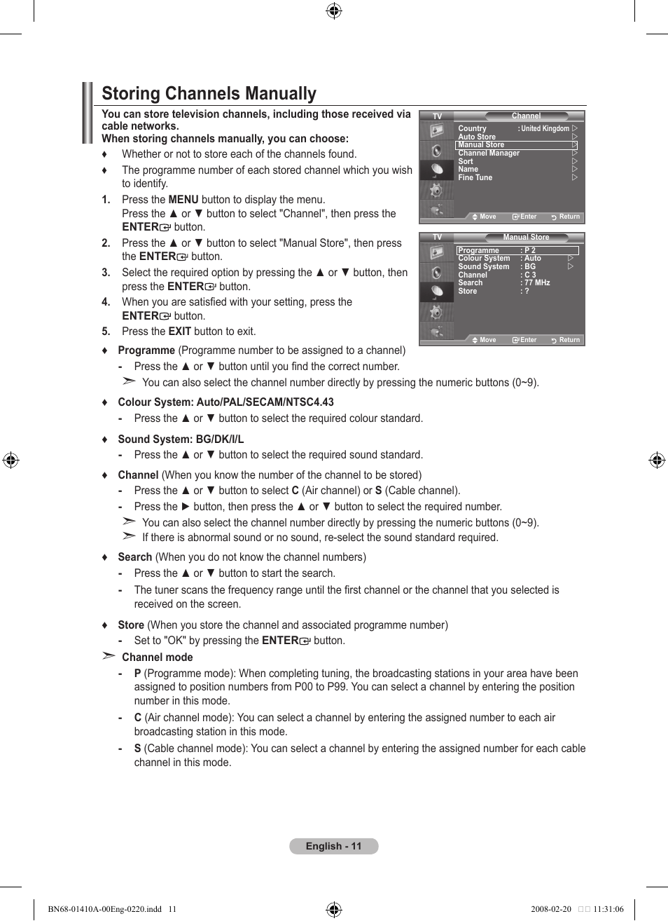 Storing channels manually | Samsung LE46A551P2R User Manual | Page 13 / 629