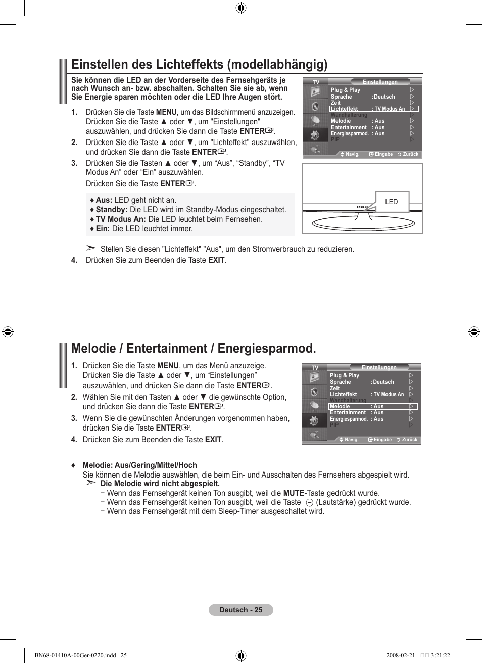 Melodie / entertainment / energiesparmod, Einstellen des lichteffekts (modellabhängig) | Samsung LE46A551P2R User Manual | Page 131 / 629
