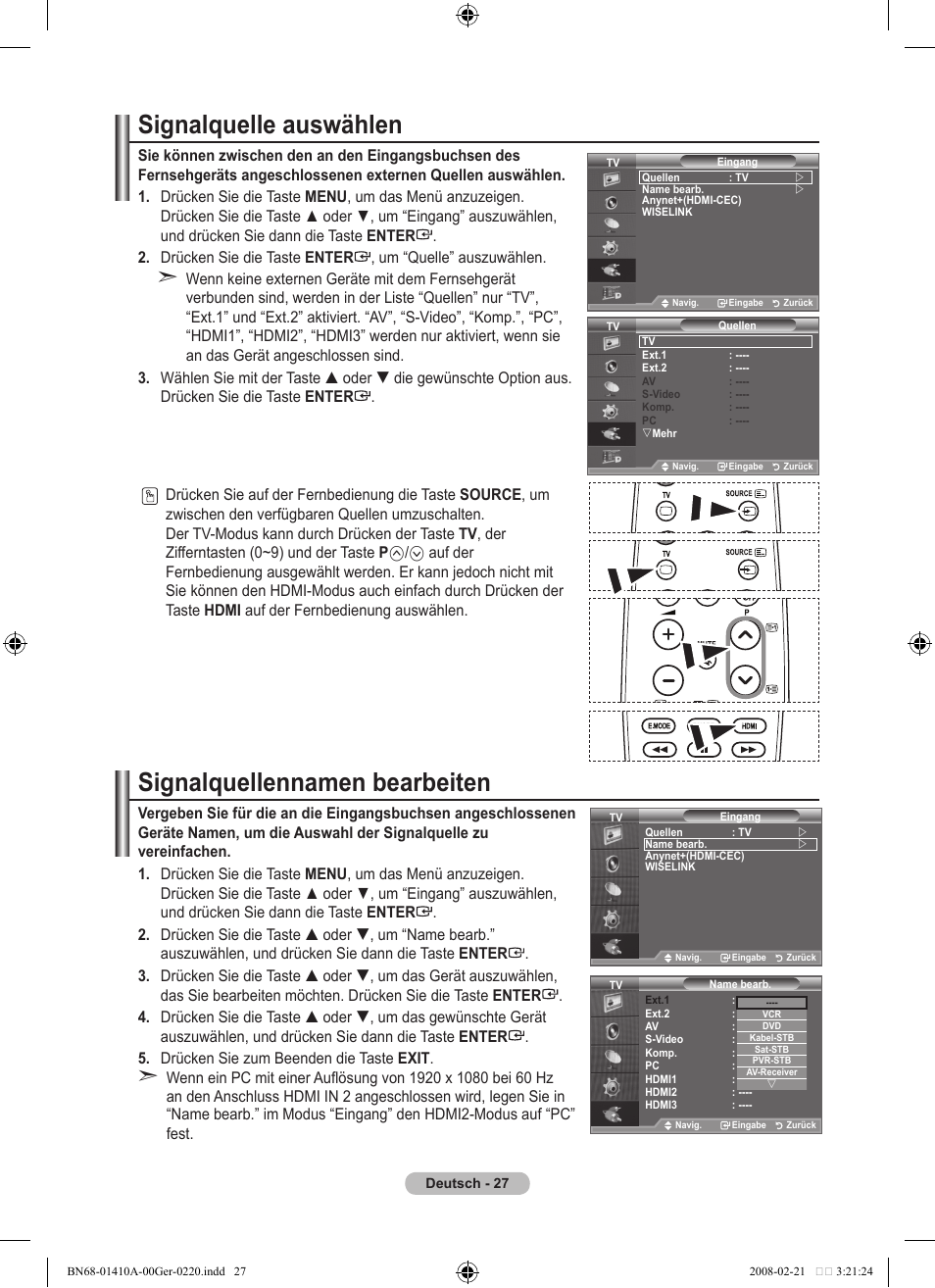 Signalquelle auswählen, Signalquellennamen bearbeiten | Samsung LE46A551P2R User Manual | Page 133 / 629