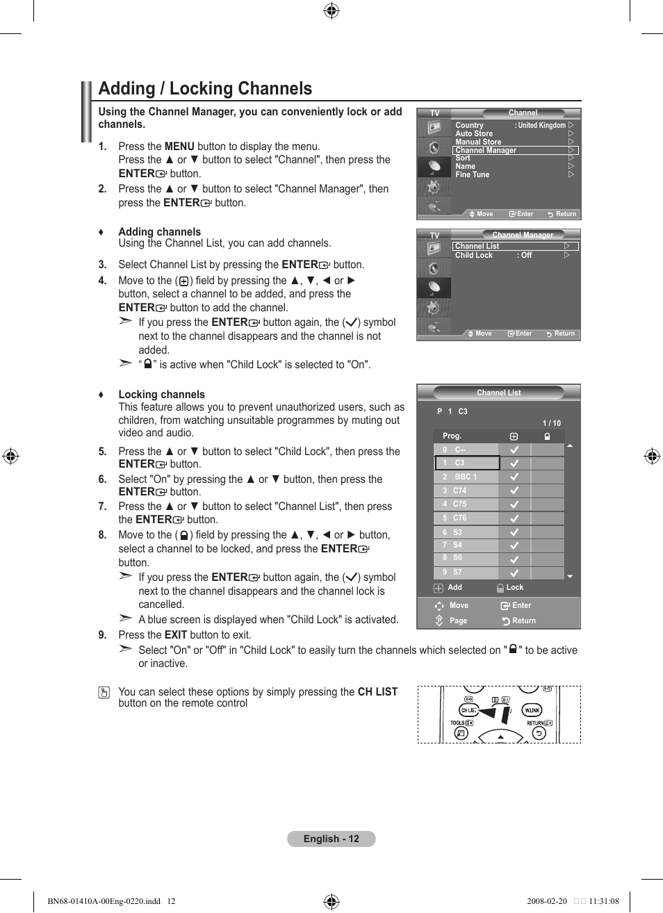 Adding / locking channels | Samsung LE46A551P2R User Manual | Page 14 / 629