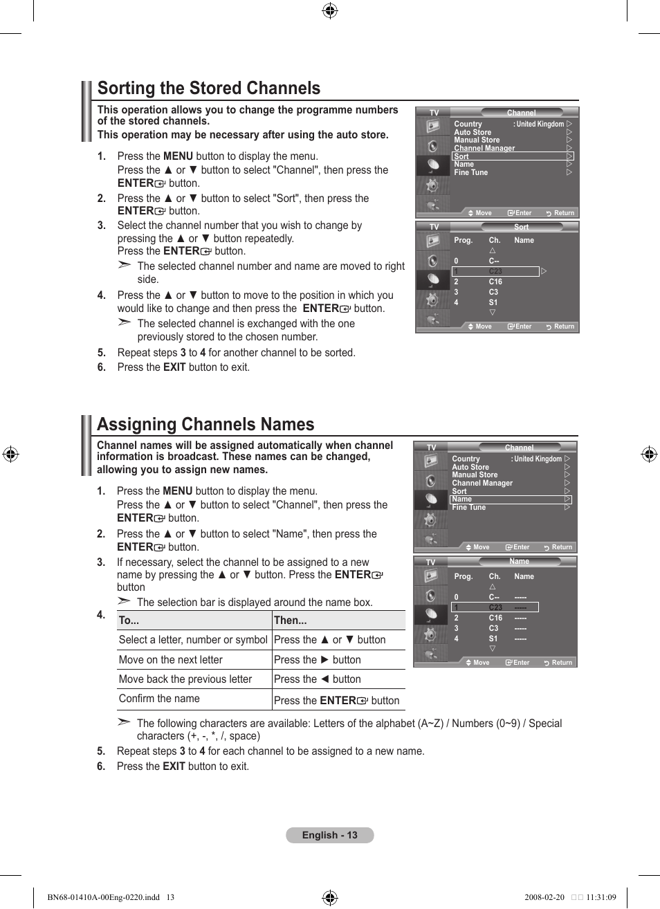 Sorting the stored channels, Assigning channels names | Samsung LE46A551P2R User Manual | Page 15 / 629