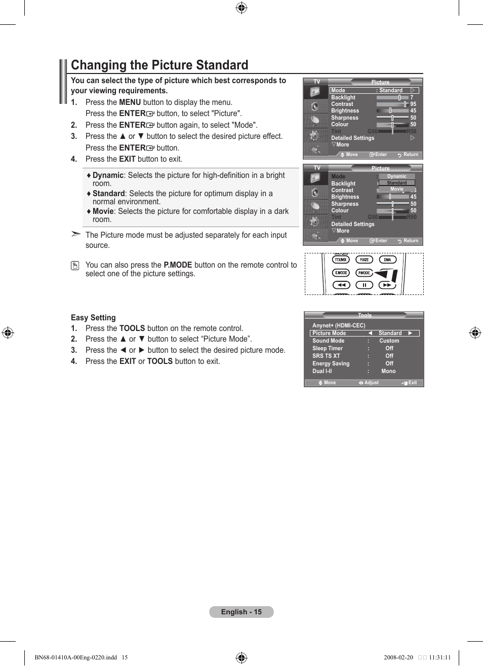Setting the picture, Changing the picture standard | Samsung LE46A551P2R User Manual | Page 17 / 629