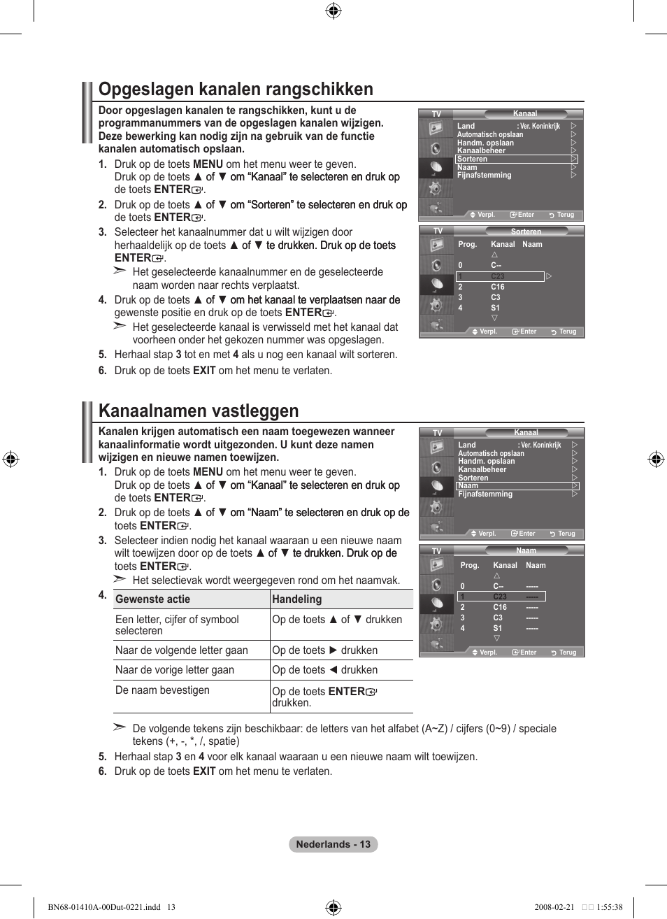 Opgeslagen kanalen rangschikken, Kanaalnamen vastleggen | Samsung LE46A551P2R User Manual | Page 171 / 629