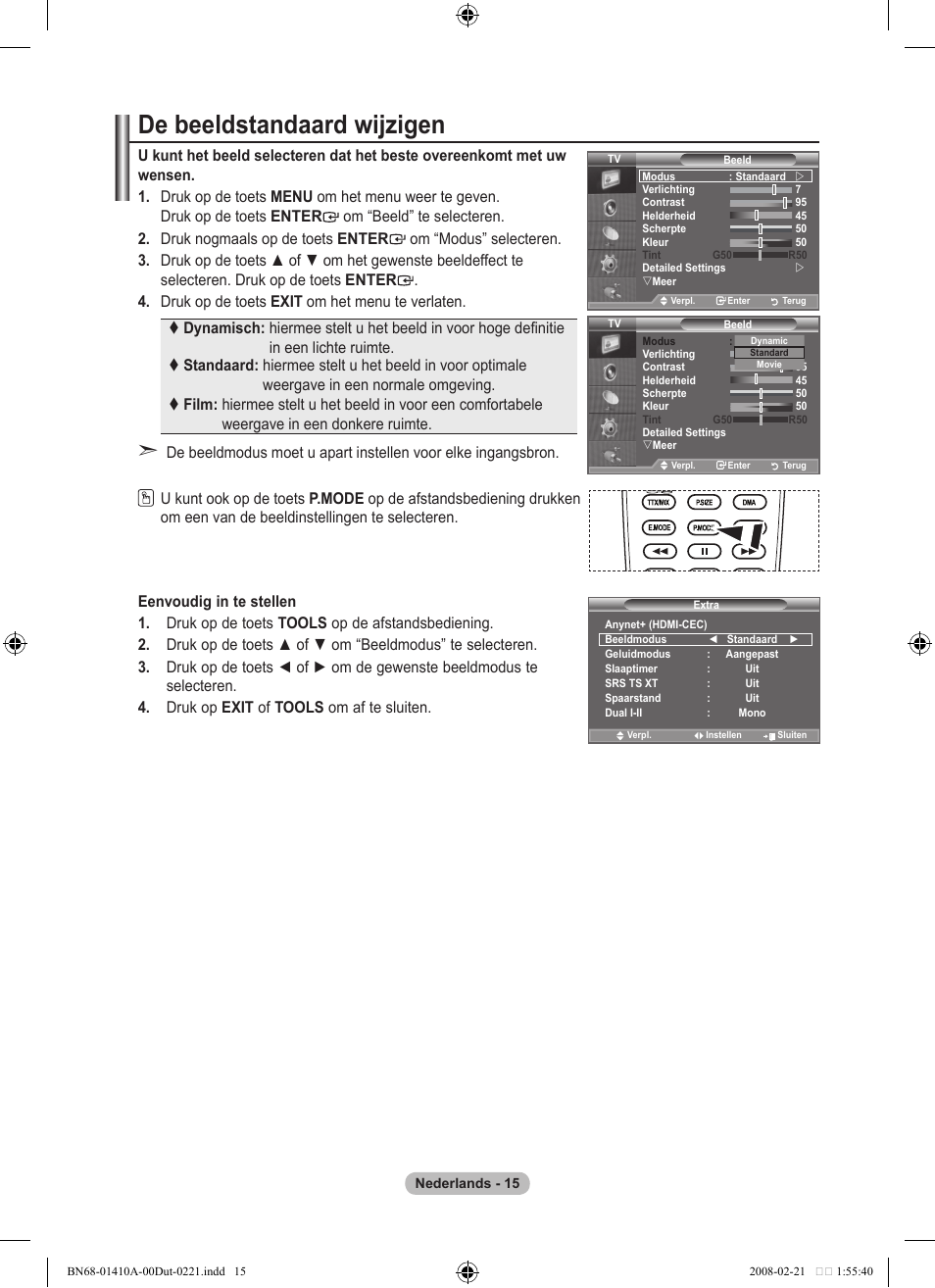 De beeldstandaard wijzigen | Samsung LE46A551P2R User Manual | Page 173 / 629