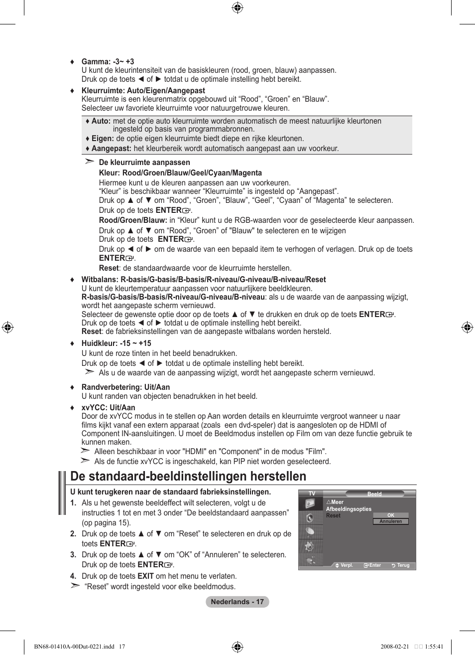 De standaard-beeldinstellingen herstellen | Samsung LE46A551P2R User Manual | Page 175 / 629