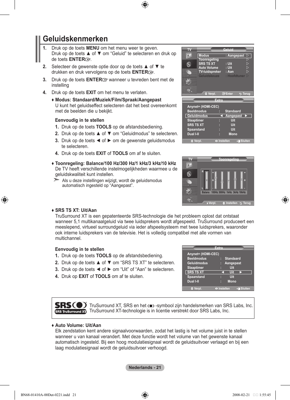 Geluidskenmerken | Samsung LE46A551P2R User Manual | Page 179 / 629