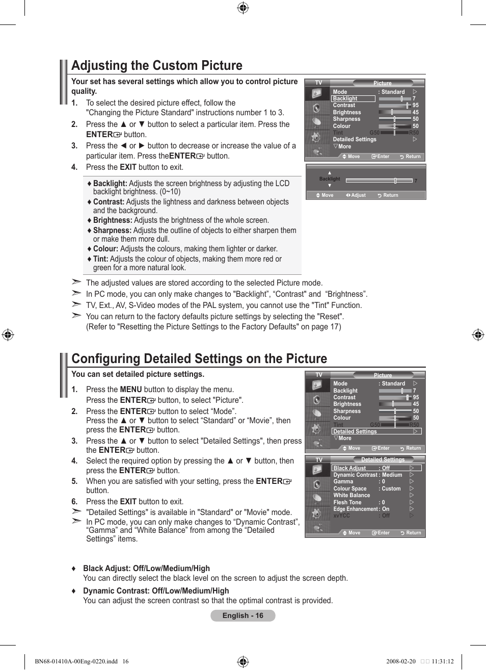 Adjusting the custom picture, Configuring detailed settings on the picture | Samsung LE46A551P2R User Manual | Page 18 / 629