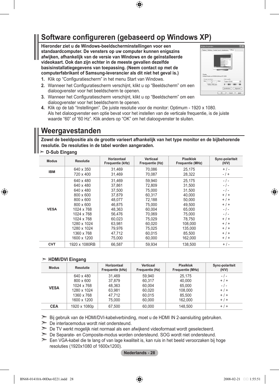 Software configureren (gebaseerd op windows xp), Weergavestanden | Samsung LE46A551P2R User Manual | Page 186 / 629