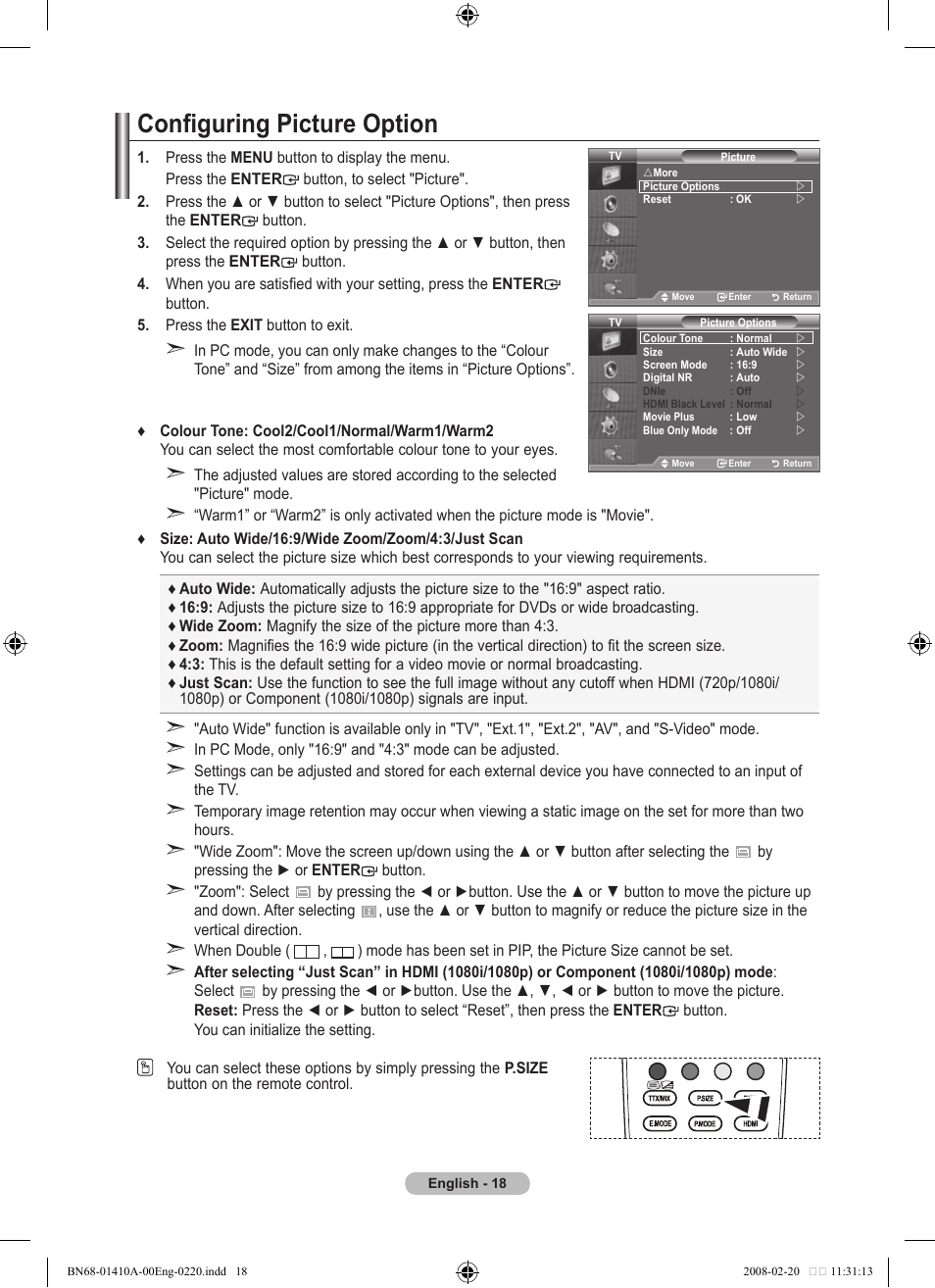 Configuring picture option | Samsung LE46A551P2R User Manual | Page 20 / 629
