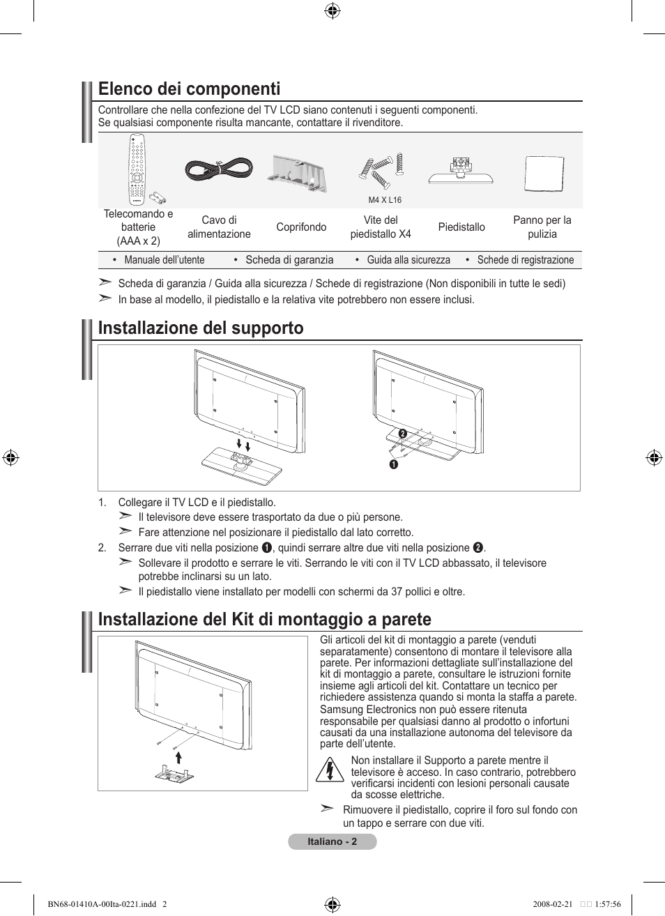 Elenco dei componenti, Installazione del supporto, Installazione del kit di montaggio a parete | Samsung LE46A551P2R User Manual | Page 212 / 629