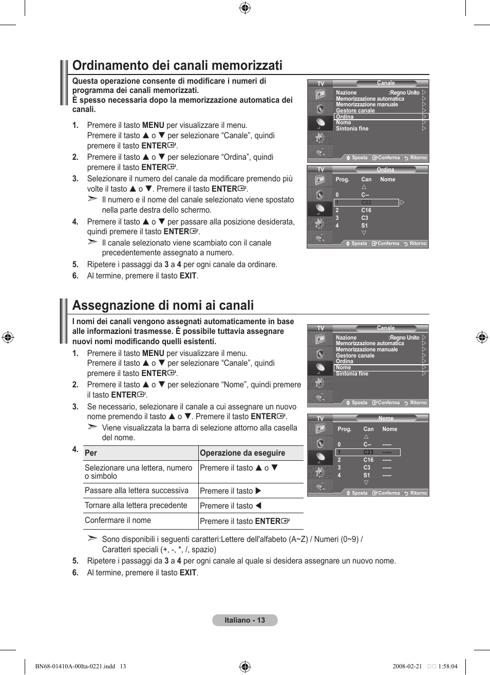 Assegnazione di nomi ai canali | Samsung LE46A551P2R User Manual | Page 223 / 629