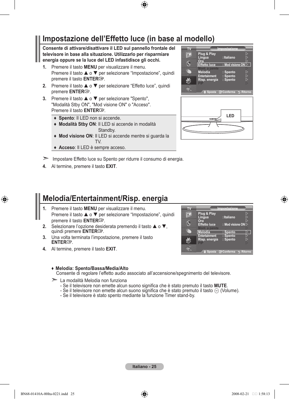 Melodia/entertainment/risp. energia | Samsung LE46A551P2R User Manual | Page 235 / 629