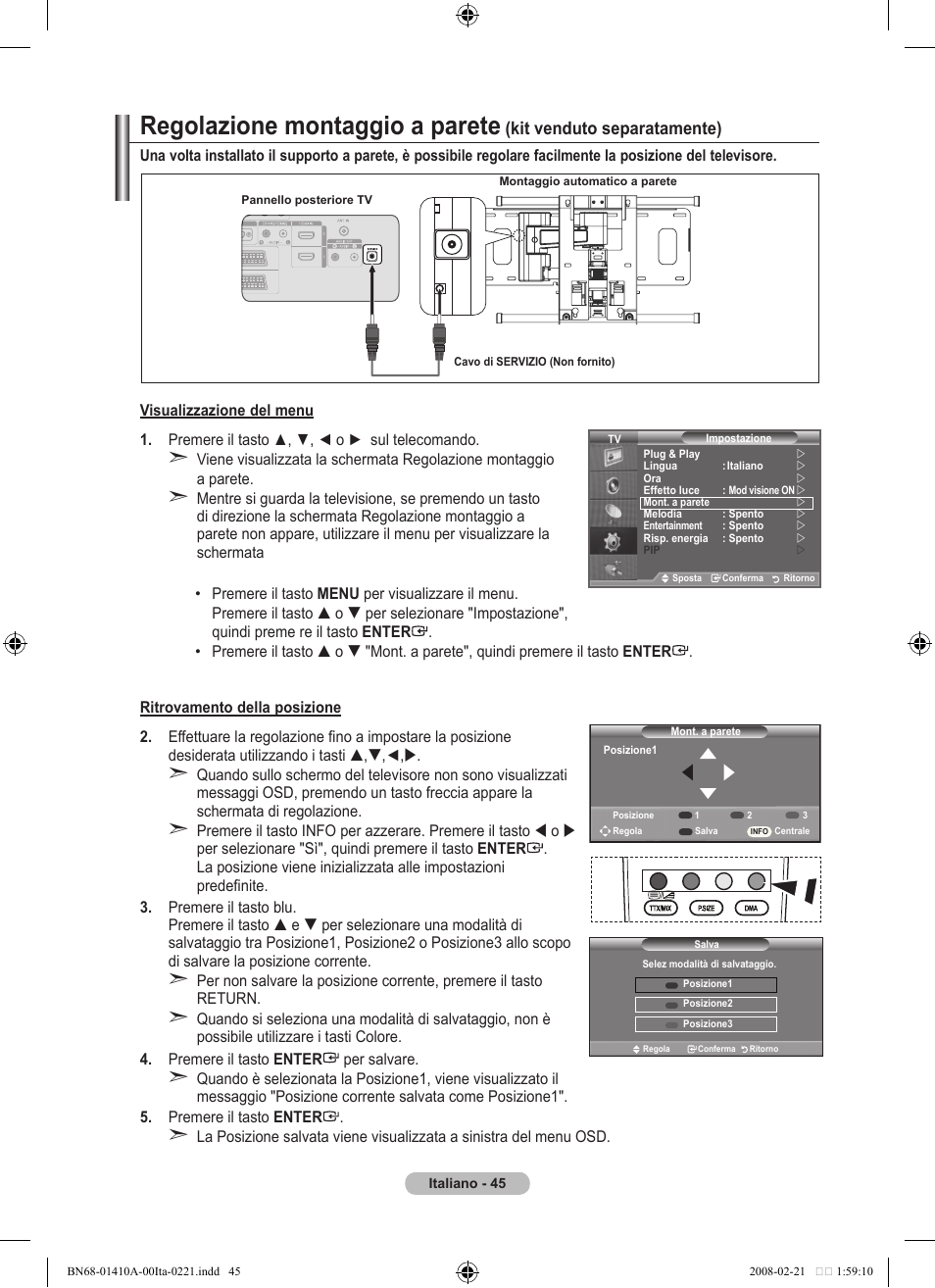 Regolazione montaggio a parete, Kit venduto separatamente) | Samsung LE46A551P2R User Manual | Page 255 / 629