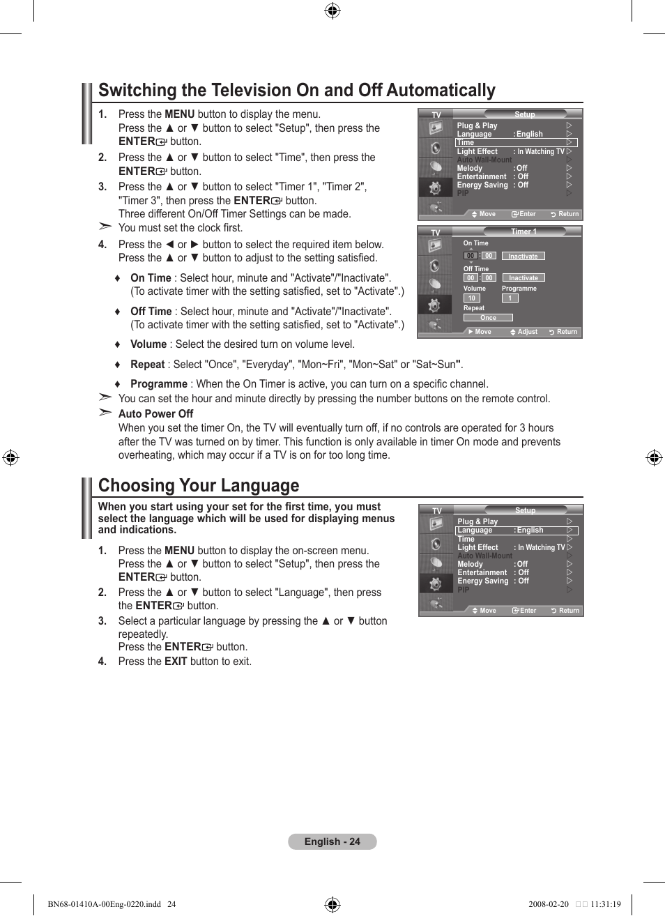 Switching the television on and off automatically, Function description, Choosing your language | Samsung LE46A551P2R User Manual | Page 26 / 629