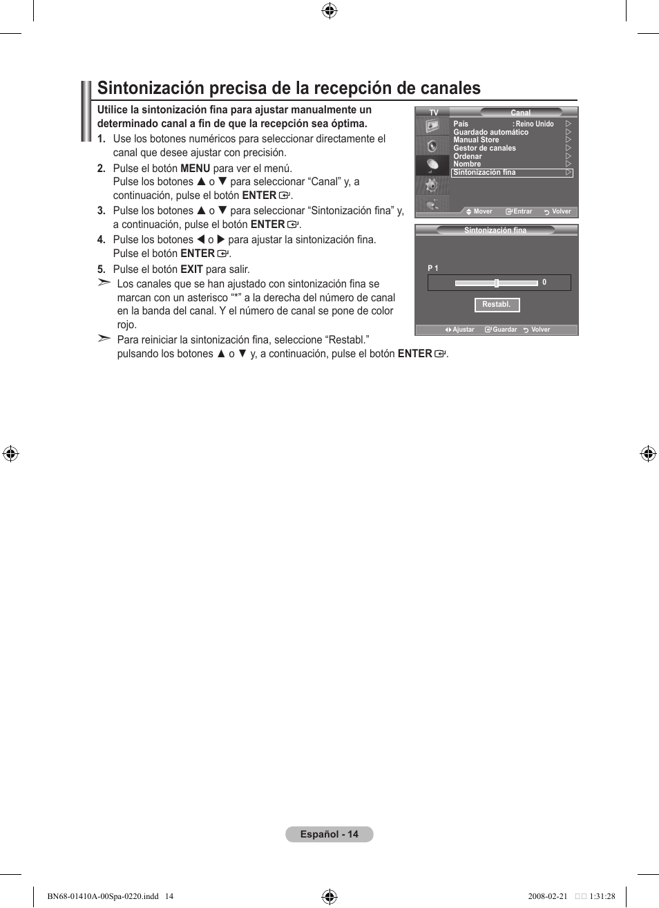 Sintonización precisa de la recepción de canales | Samsung LE46A551P2R User Manual | Page 278 / 629
