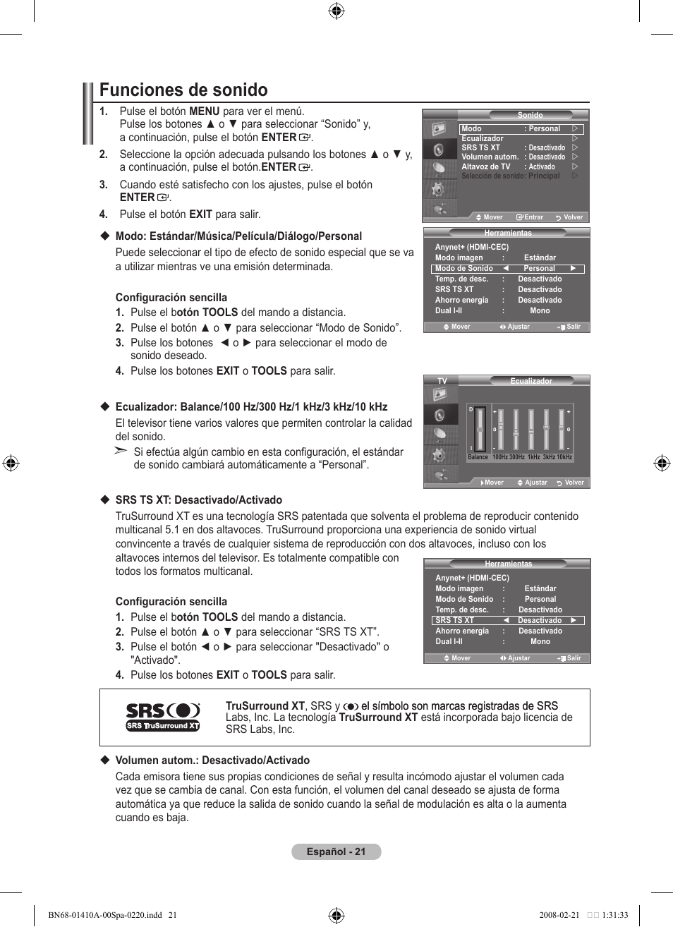 Funciones de sonido | Samsung LE46A551P2R User Manual | Page 285 / 629