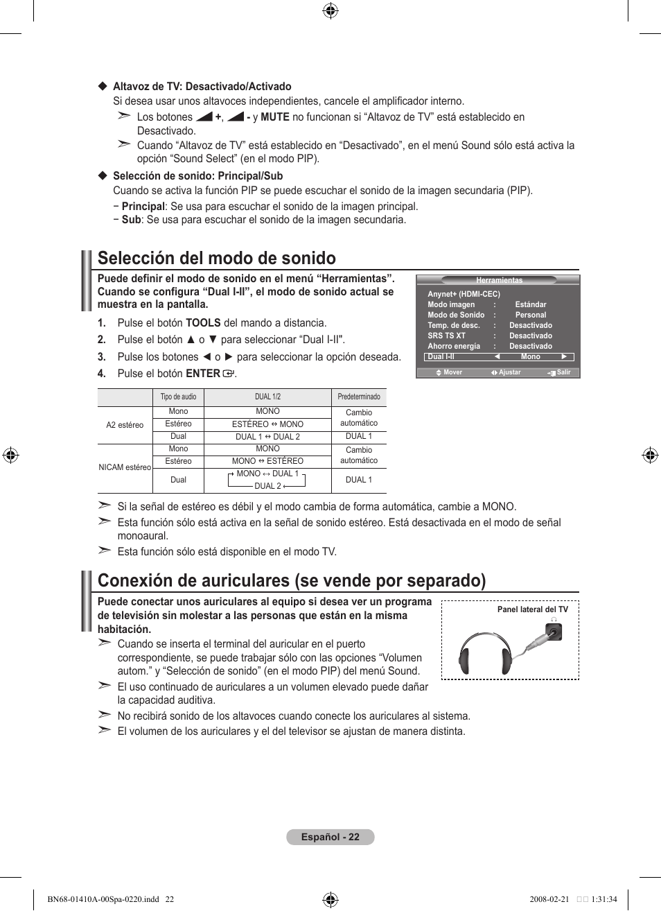Selección del modo de sonido, Conexión de auriculares (se vende por separado) | Samsung LE46A551P2R User Manual | Page 286 / 629