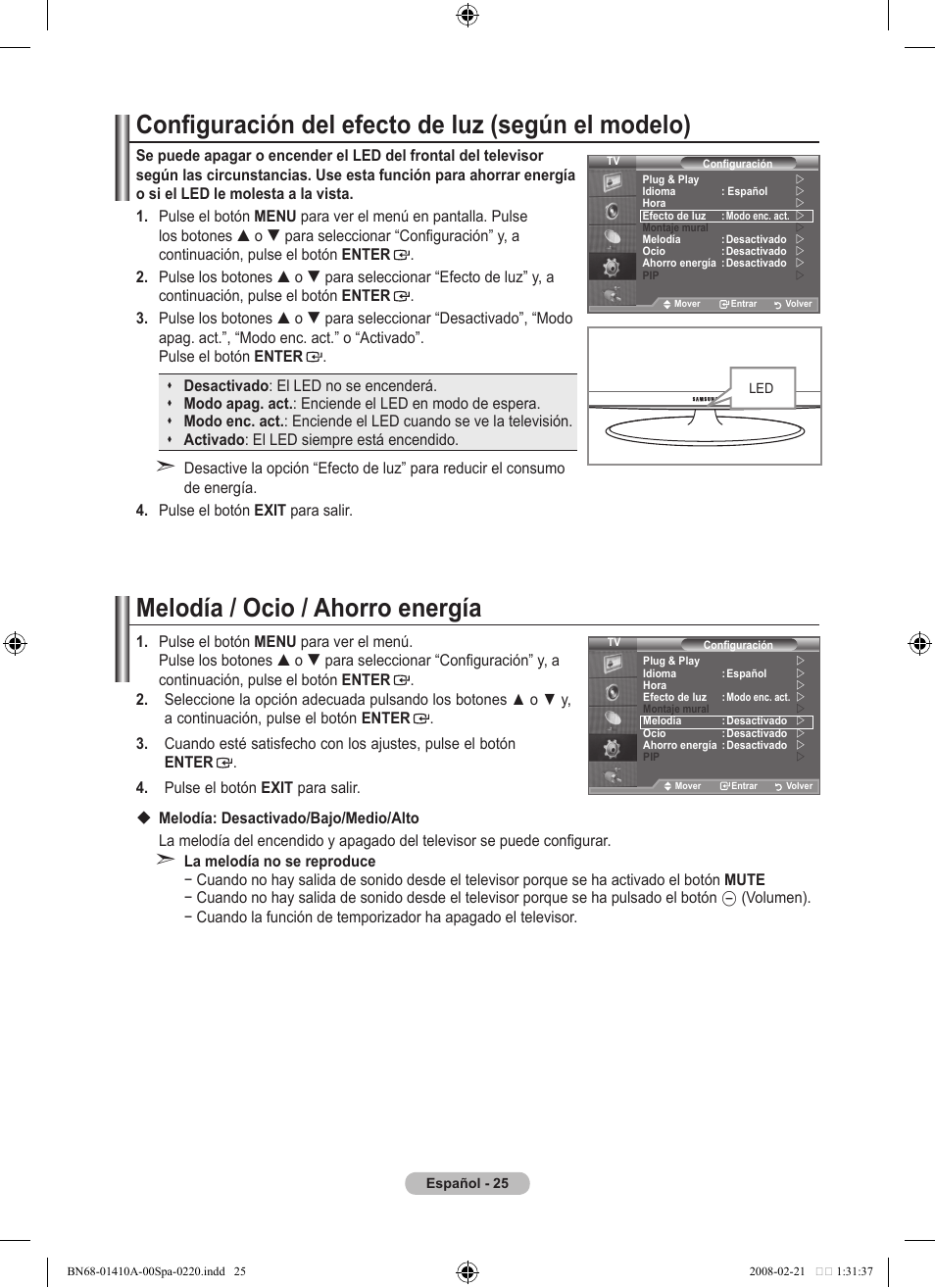 Configuración del efecto de luz (según el modelo), Melodía / ocio / ahorro energía | Samsung LE46A551P2R User Manual | Page 289 / 629