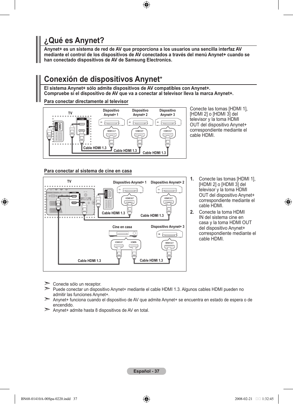 Conexión de dispositivos anynet, Qué es anynet | Samsung LE46A551P2R User Manual | Page 301 / 629