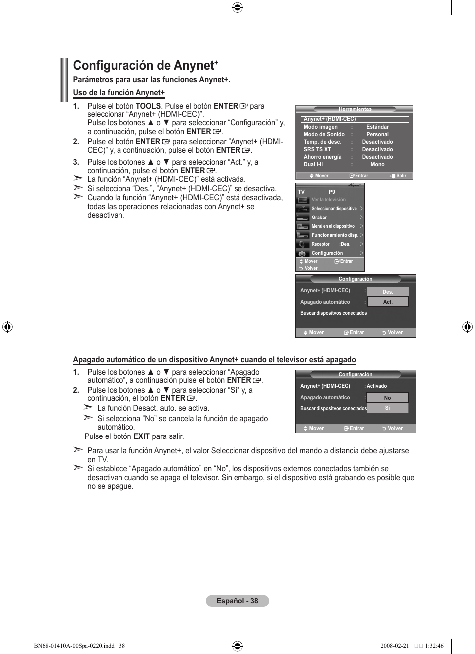 Configuración de anynet | Samsung LE46A551P2R User Manual | Page 302 / 629