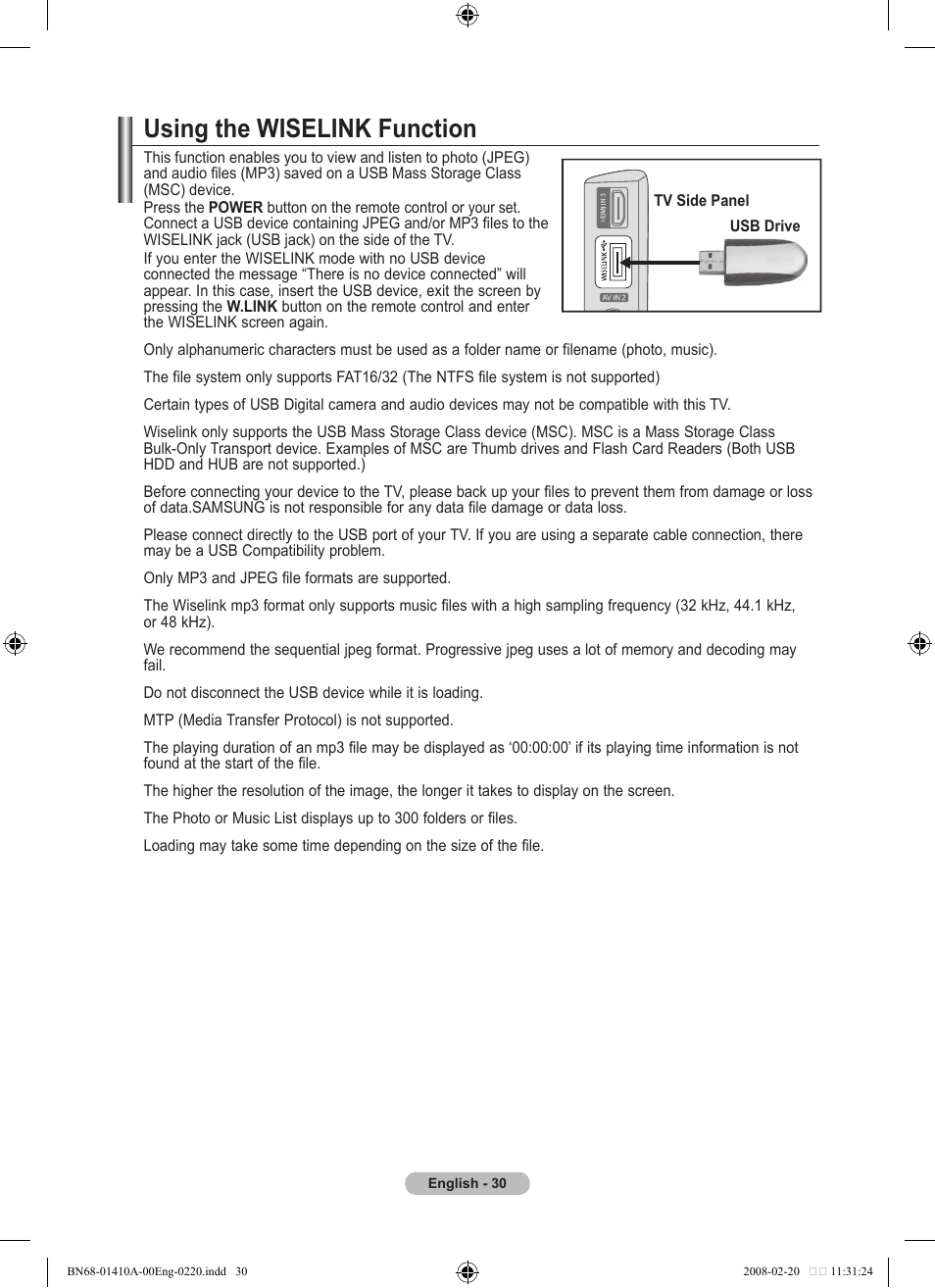 Wiselink, Using the wiselink function | Samsung LE46A551P2R User Manual | Page 32 / 629