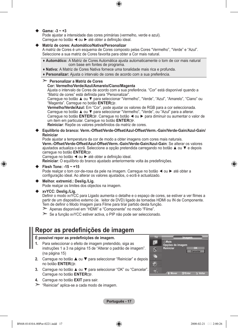 Repor as predefinições de imagem | Samsung LE46A551P2R User Manual | Page 333 / 629