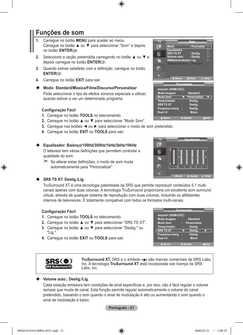 Funções de som | Samsung LE46A551P2R User Manual | Page 337 / 629