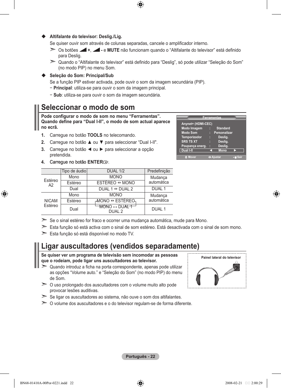 Seleccionar o modo de som, Ligar auscultadores (vendidos separadamente) | Samsung LE46A551P2R User Manual | Page 338 / 629