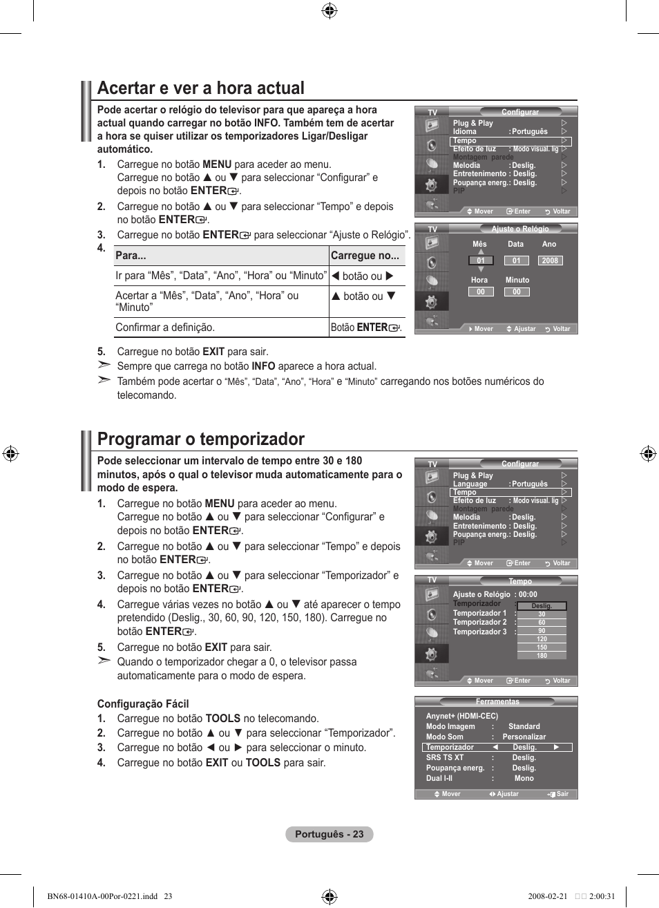 Acertar e ver a hora actual, Programar o temporizador, Enter | Samsung LE46A551P2R User Manual | Page 339 / 629
