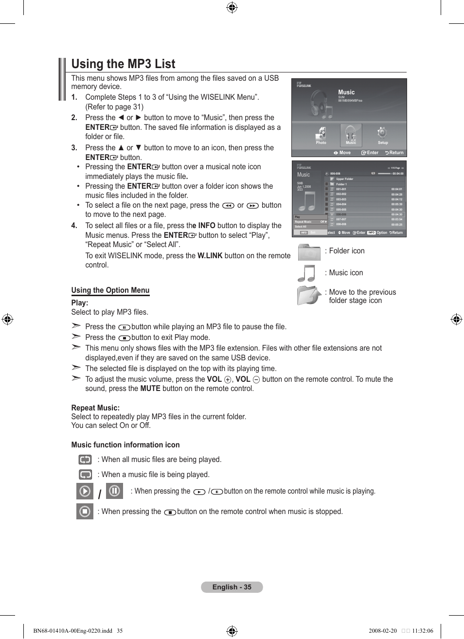 Using the mp3 list, Using the mp list | Samsung LE46A551P2R User Manual | Page 37 / 629