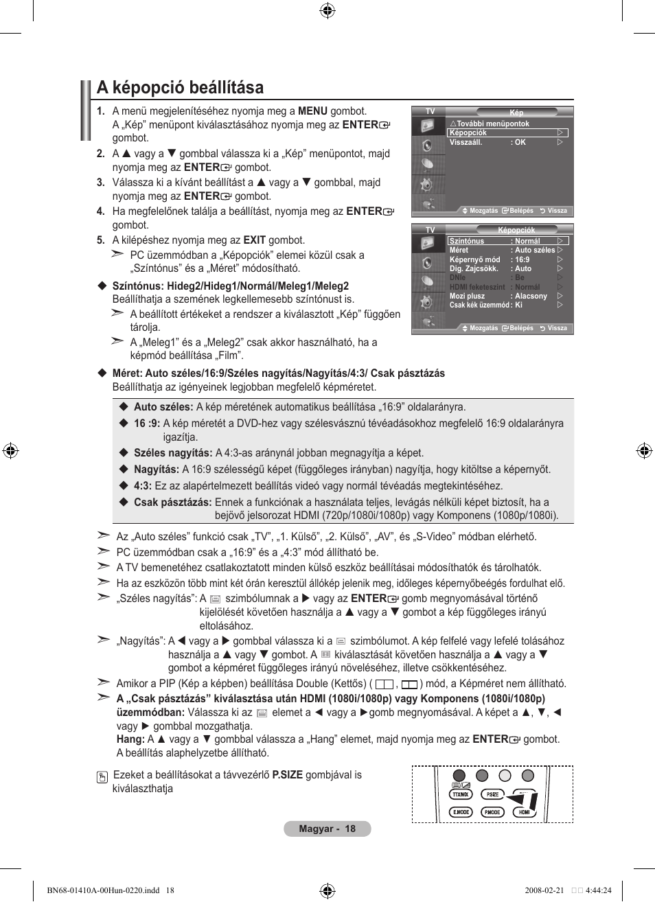 A képopció beállítása | Samsung LE46A551P2R User Manual | Page 386 / 629