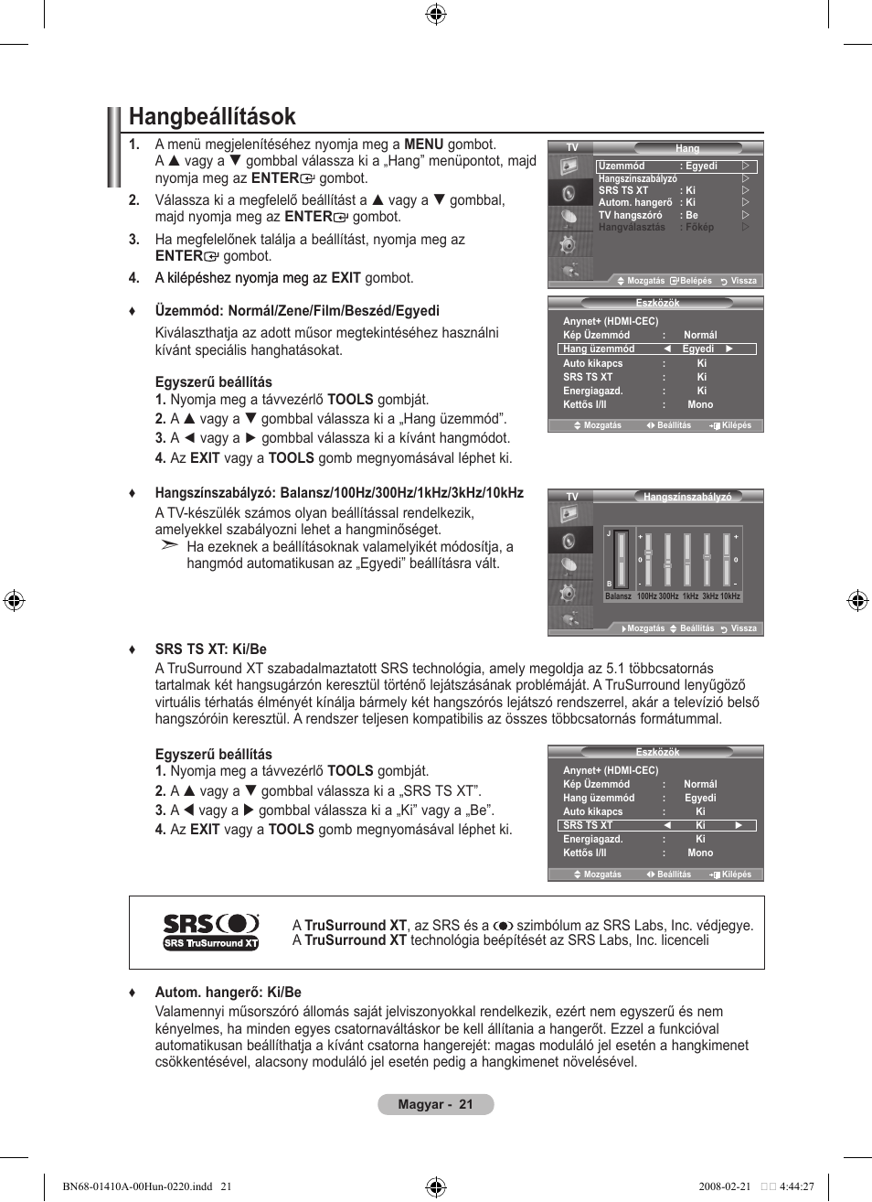 Hangbeállítások | Samsung LE46A551P2R User Manual | Page 389 / 629