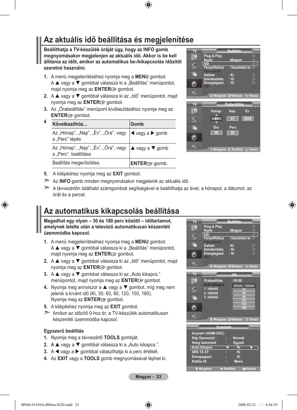 Az aktuális idő beállítása és megjelenítése, Az automatikus kikapcsolás beállítása | Samsung LE46A551P2R User Manual | Page 391 / 629