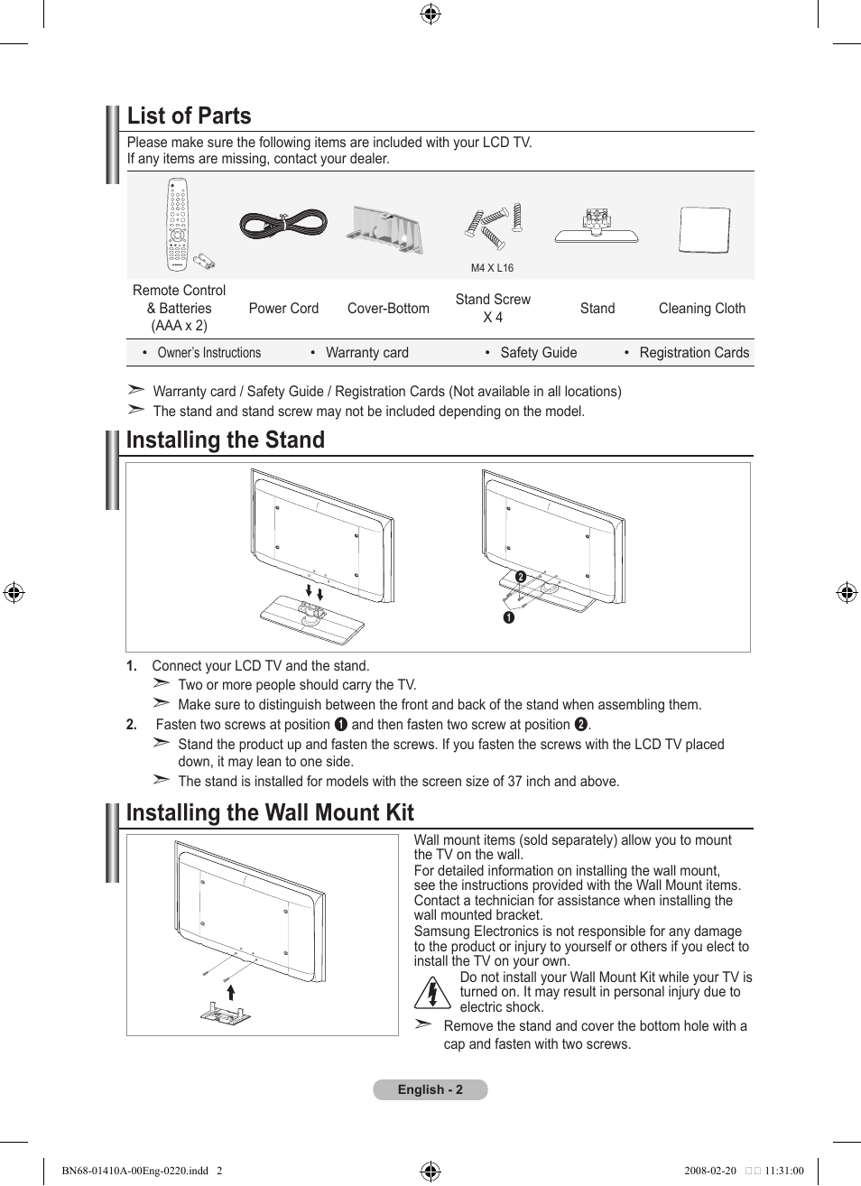 Connecting and preparingreparing your tv, List of parts, Installing the stand | Installing the wall mount kit | Samsung LE46A551P2R User Manual | Page 4 / 629