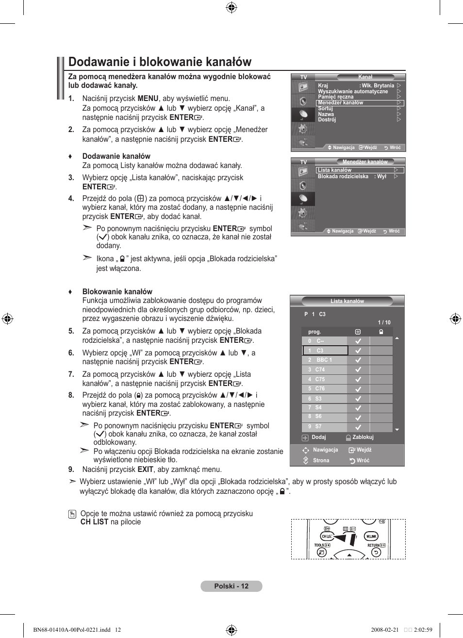 Dodawanie i blokowanie kanałów | Samsung LE46A551P2R User Manual | Page 432 / 629