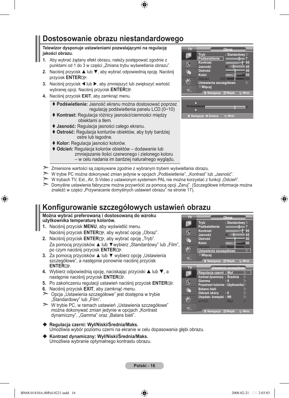 Dostosowanie obrazu niestandardowego, Konfigurowanie szczegółowych ustawień obrazu | Samsung LE46A551P2R User Manual | Page 436 / 629