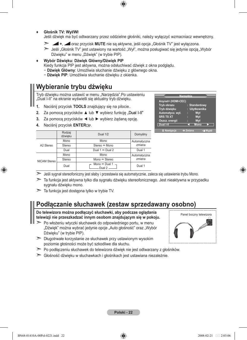 Wybieranie trybu dźwięku, Podłączanie słuchawek (zestaw sprzedawany osobno) | Samsung LE46A551P2R User Manual | Page 442 / 629
